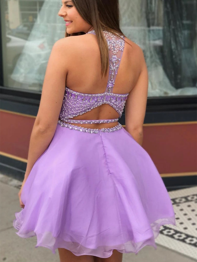 Round Neck Two Pieces Beaded Purple Short Prom Dresses Homecoming Dres – Shiny Party
