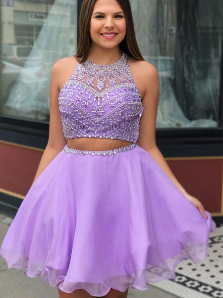 Round Neck Two Pieces Beaded Purple Short Prom Dresses Homecoming Dresses, Two Pieces Beaded Purple Formal Graduation Evening Dresses