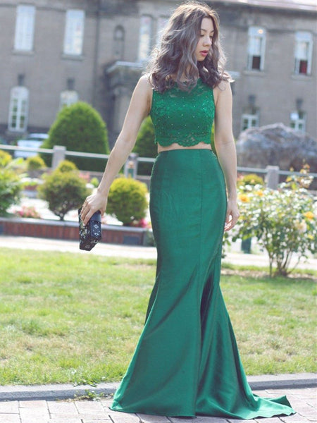 Round Neck Two Pieces Mermaid Beaded Lace Green Prom Dresses, Mermaid Lace Green Formal Dresses, Green Evening Dresses
