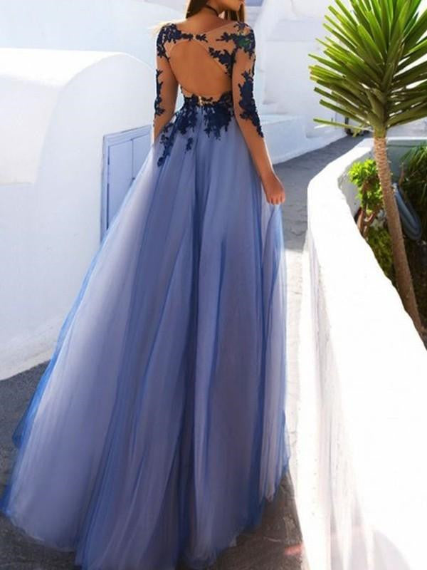 Scoop Neck Long Sleeves Floor Length Prom Dress With Lace Applique, Lo Shiny Party Scoop Neck Long Sleeves Floor Length Prom Dress With Lace Applique, Lo Shiny Party