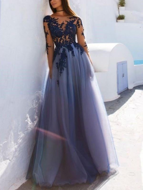Scoop Neck Long Sleeves Floor Length Prom Dress With Lace Applique, Long Sleeves Formal Dress, Graduation Dress Scoop Neck Long Sleeves Floor Length Prom Dress With Lace Applique, Long Sleeves Formal Dress, Graduation Dress