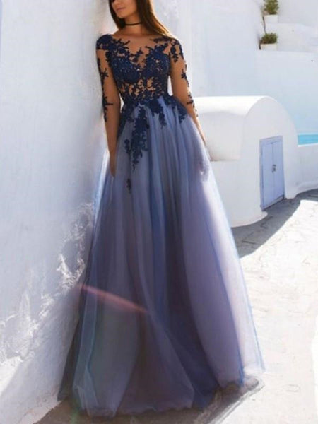 Scoop Neck Long Sleeves Floor Length Prom Dress With Lace Applique, Long Sleeves Formal Dress, Graduation Dress