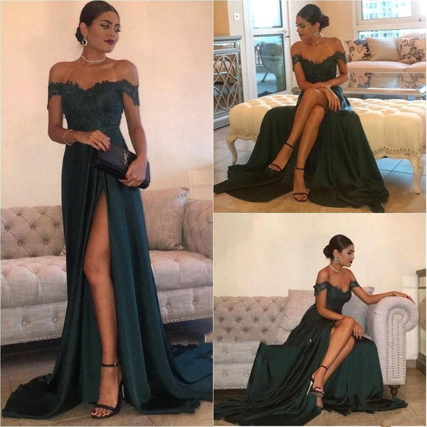 Sexy Dark Green A Line Off Shoulder Lace Prom Dresses With Train, Dark Green Lace Prom Gown