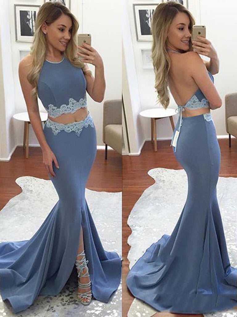 Sexy Halter Two Pieces Mermaid Appliques Backless Prom Dresses, Formal Dresses