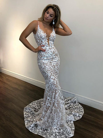 Sexy Mermaid V Neck White Lace Champagne Prom Dresses, Lace Champagne Formal Dresses, Champagne Evening Dresses