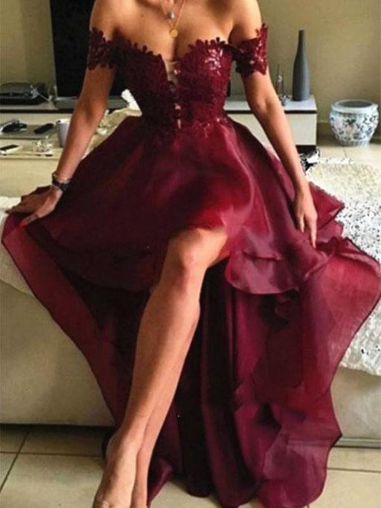 Sexy Off Shoulder High Low Organza Backless Maroon Lace Prom Dress, High Low Formal Dress, Maroon Lace Graduation Dress, Maroon High Low Formal Dress
