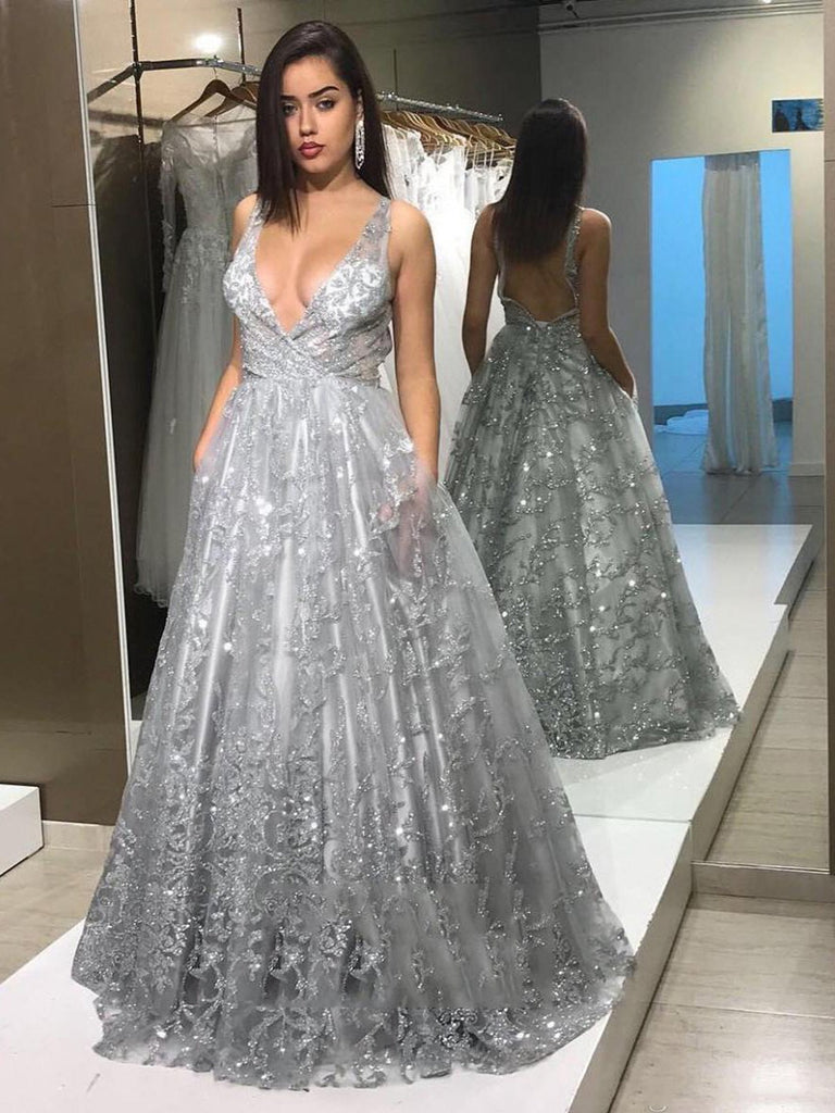 Sexy V Neck Backless Long Silver Grey Lace Prom Dresses, Silver Grey Lace Formal Dresses, Silver Grey Evening Dresses
