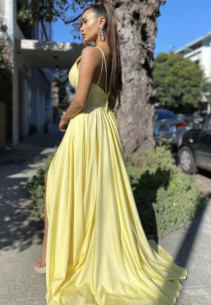 Sexy V Neck Backless Yellow Long Prom Dresses with Split, Backless Yellow Formal Dresses, Yellow Graduation Evening Dresses