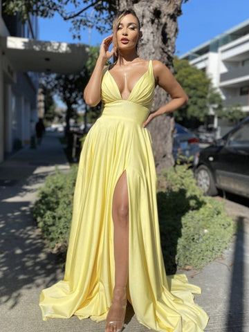 Sexy V Neck Backless Yellow Long Prom Dresses with Split, Backless Yellow Formal Dresses, Yellow Graduation Evening Dresses