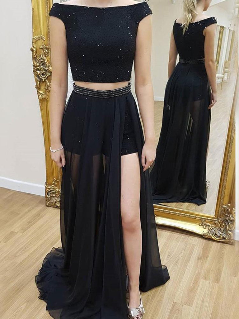 Sexy A Line Round Neck Two Piece Beading Black Prom Dresses, Black Two Piece Formal Dresses, Black Long Evening Dresses
