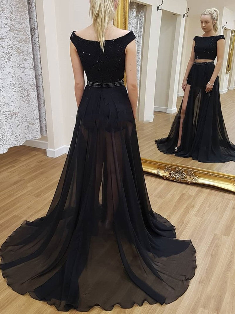Sexy A Line Round Neck Two Piece Beading Black Prom Dresses, Black Two Shiny Party Sexy A Line Round Neck Two Piece Beading Black Prom Dresses, Black Two Shiny Party