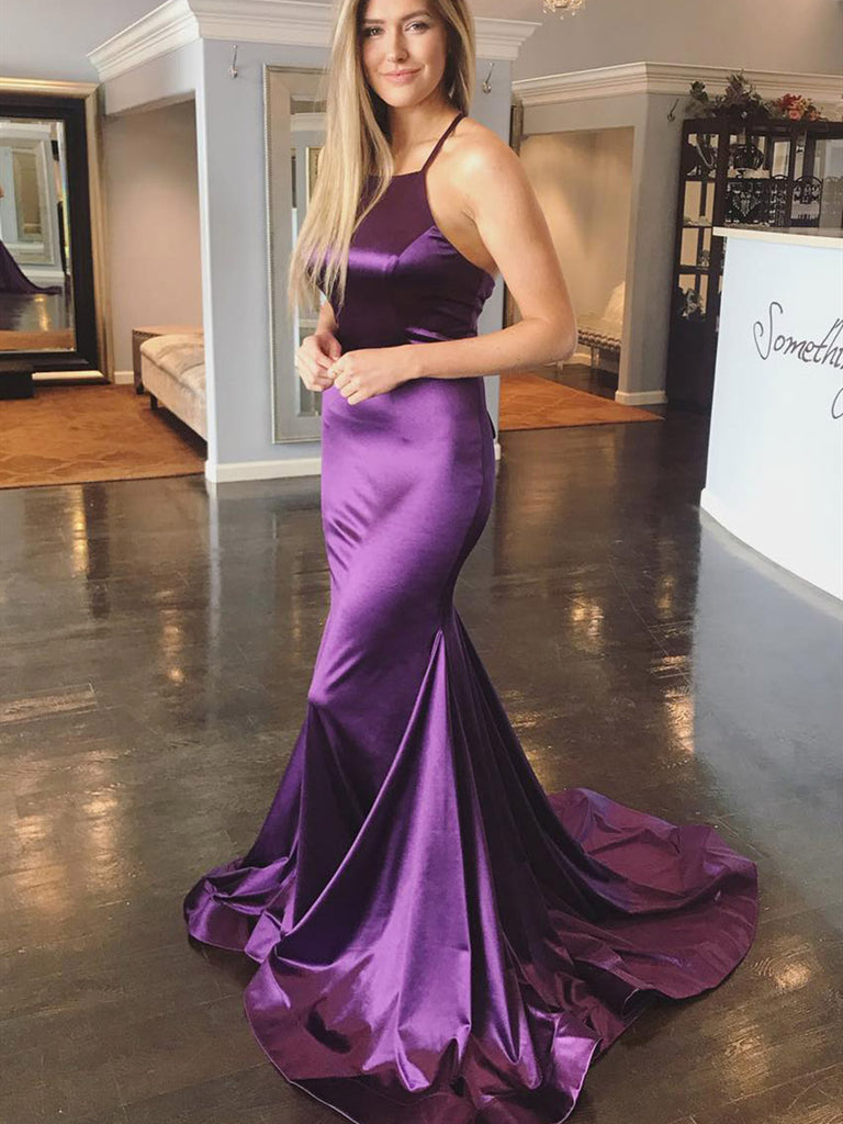Sexy Purple Mermaid Backless Satin Long Prom Dresses with Cross Back, Purple Formal Dresses, Backless Evening Dresses 2019