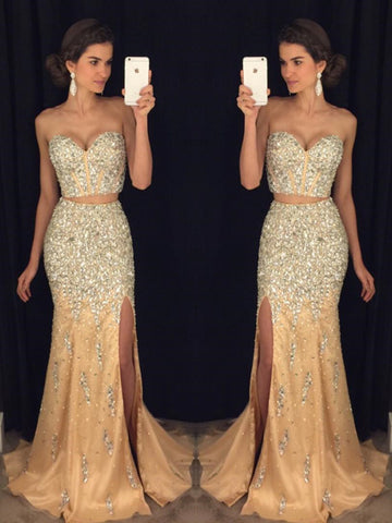 Sexy Sweetheart Neck Two Pieces Mermaid Beaded Champagne Prom Dresses 2019, Two Pieces Mermaid Champagne Formal Dresses, Evening Dresses