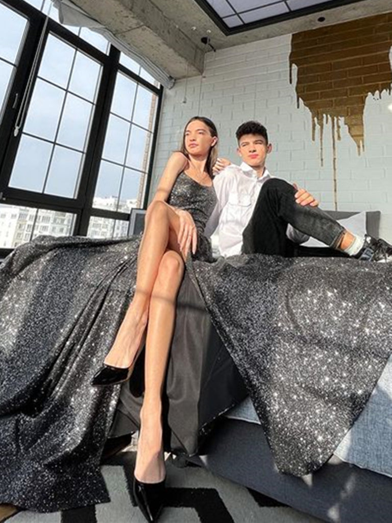 Shiny A Line Backless Black Long Prom Dresses with High Slit, Sparkly Shiny Party Shiny A Line Backless Black Long Prom Dresses with High Slit, Sparkly Shiny Party