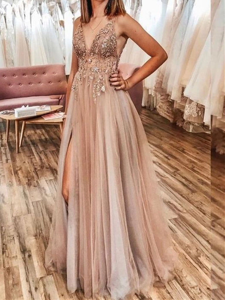 Champagne off shoulder tulle lace long prom dress, lace evening dress –  dresstby