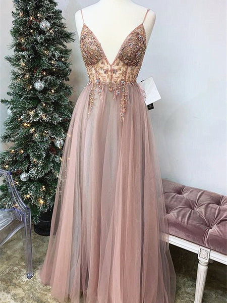 Shiny A Line V Neck Champagne Beaded Long Prom Dresses, Champagne Long Formal Evening Dresses with Beadings