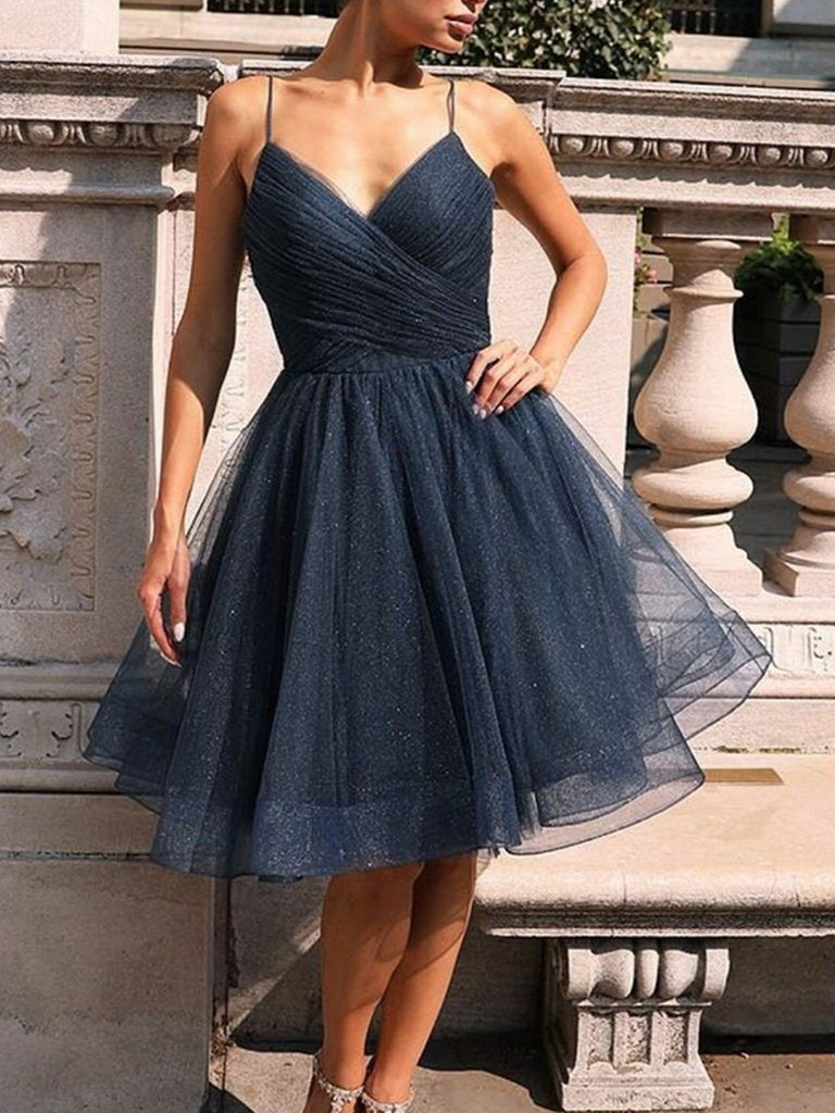 Shiny A Line V Neck Dark Blue Short Prom Dresses, V Neck Dark Navy Blu Shiny Party Shiny A Line V Neck Dark Blue Short Prom Dresses, V Neck Dark Navy Blu Shiny Party