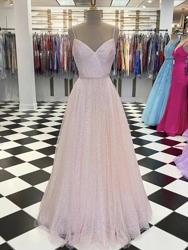 Shiny A Line V Neck Sequins Pink Long Prom Dresses, V Neck Pink Formal Graduation Evening Dresses