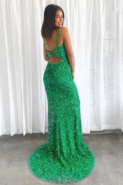 Shiny Green Sequins V Neck Mermaid Long Prom Dresses with High Slit, Open Back Green Formal Dresses, Green Sequins Evening Dresses SP2251