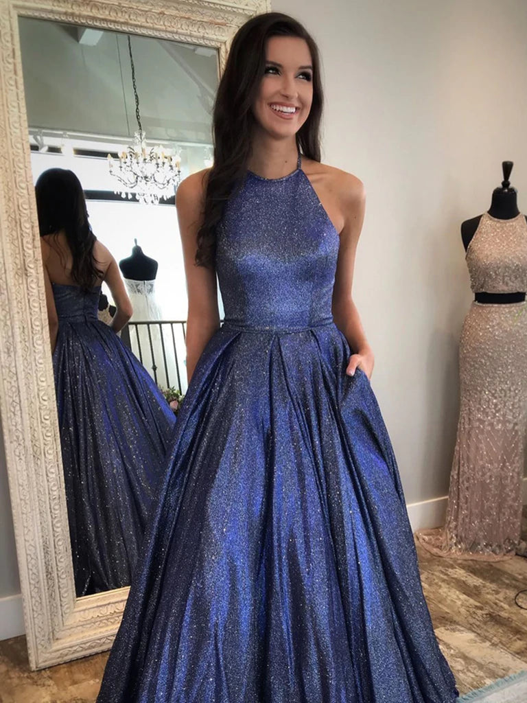 Shiny Halter Neck Backless Dark Blue Long Prom Dresses with Pocket, Backless Blue Formal Graduation Evening Dresses SP2321 Shiny Halter Neck Backless Dark Blue Long Prom Dresses with Pocket, Backless Blue Formal Graduation Evening Dresses SP2321