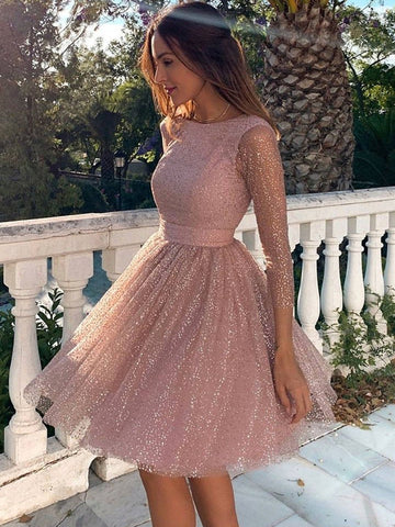 Shiny Long Sleeves Sequins Short Pink Prom Dresses, Long Sleeves Pink Formal Graduation Homecoming Dresses