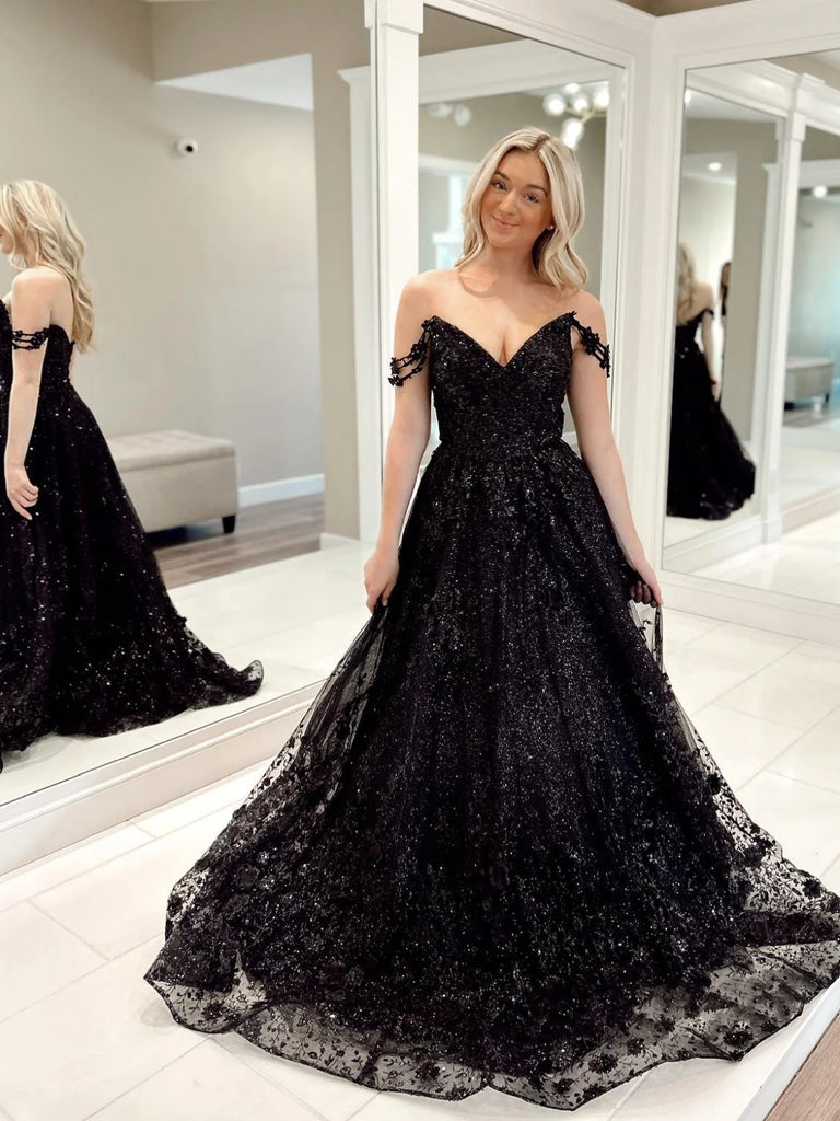 Shiny Off Shoulder Black Lace Long Prom Dresses, Black Lace Formal Dresses, Black Evening Dresses SP2635 Shiny Off Shoulder Black Lace Long Prom Dresses, Black Lace Formal Dresses, Black Evening Dresses SP2635