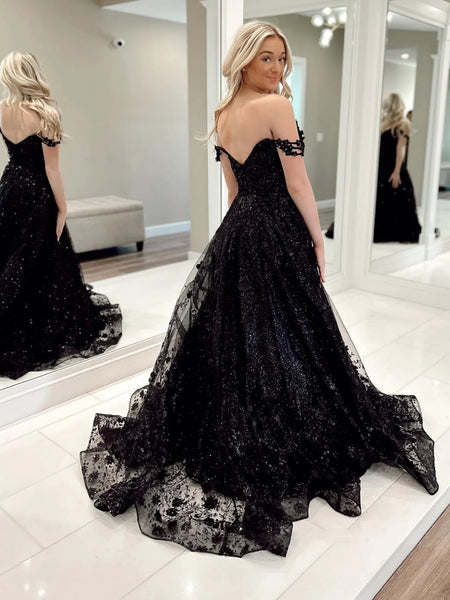 Shiny Off Shoulder Black Lace Long Prom Dresses, Black Lace Formal Dresses, Black Evening Dresses SP2635