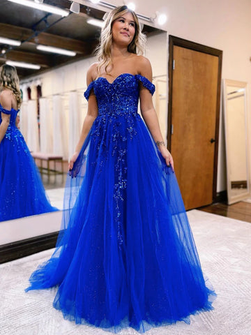 Shiny Off Shoulder Blue Lace Sequins Long Prom Dresses, Off the Shoulder Blue Formal Dresses, Blue Lace Evening Dresses SP2553