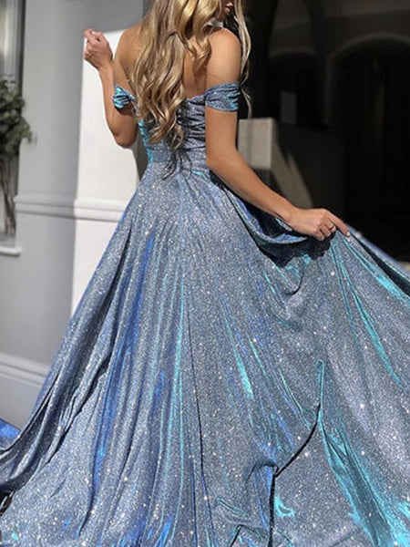 Shiny Off Shoulder Blue Long Prom Dresses with High Slit, Long Blue Formal Graduation Evening Dresses SP2615
