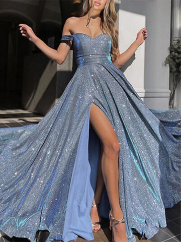 Shiny Off Shoulder Blue Long Prom Dresses with High Slit, Long Blue Formal Graduation Evening Dresses SP2615