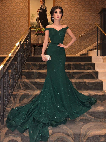 mermaid dark green prom dress Stylish Mermaid Off the Shoulder Dark Green Corset Prom Dress with Split Front