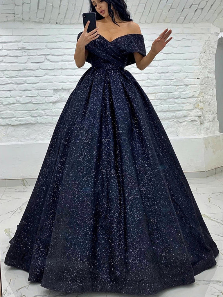 Shiny Off Shoulder Navy Blue Long Prom Dresses, Long Navy Blue Formal Graduation Evening Dresses, Ball Gown SP2511 Shiny Off Shoulder Navy Blue Long Prom Dresses, Long Navy Blue Formal Graduation Evening Dresses, Ball Gown SP2511