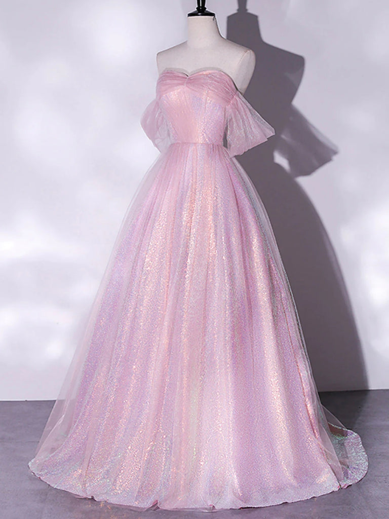 Shiny Off Shoulder Pink Tulle Long Prom Dresses, Off the Shoulder Pink