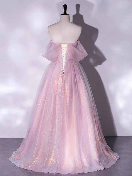Shiny Off Shoulder Pink Tulle Long Prom Dresses, Off the Shoulder Pink Formal Dresses, Pink Evening Dresses SP2647
