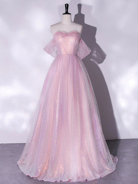 Shiny Off Shoulder Pink Tulle Long Prom Dresses, Off the Shoulder Pink Formal Dresses, Pink Evening Dresses SP2647
