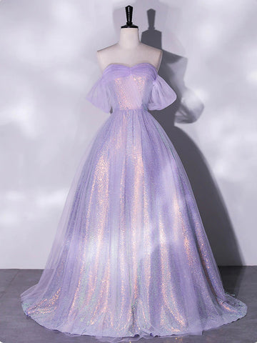 Shiny Off Shoulder Purple Long Prom Dresses, Off the Shoulder Formal Dresses, Purple Evening Dresses SP2569