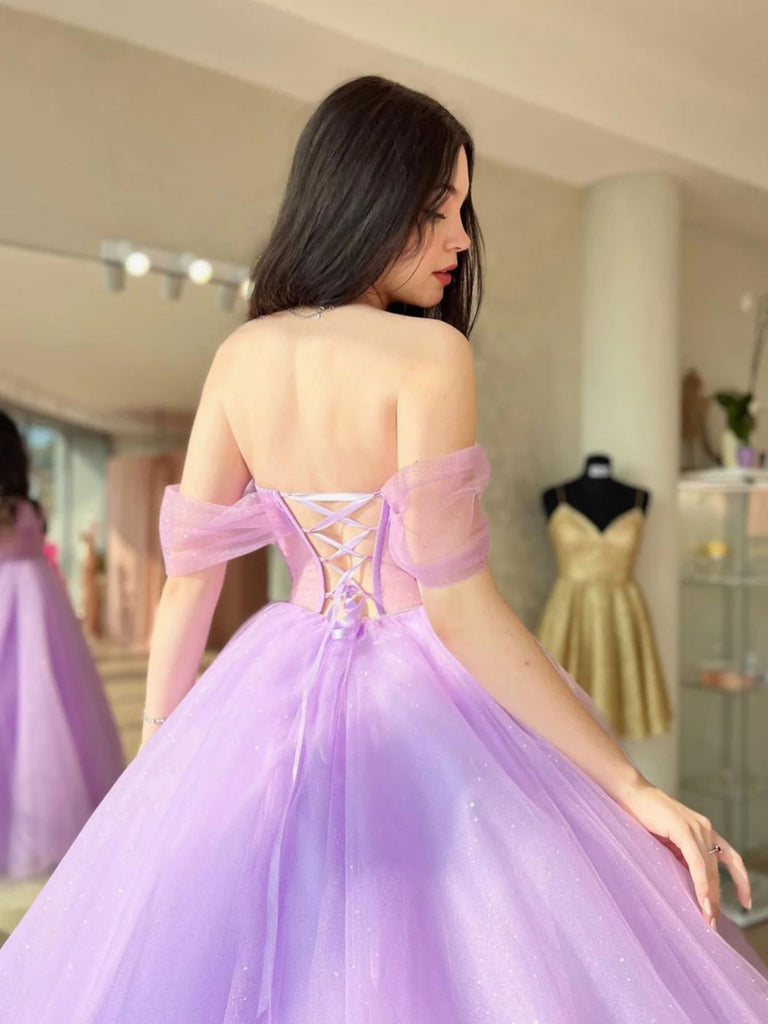 Shiny Off Shoulder Purple Tulle Long Prom Dresses, Off the Shoulder Li Shiny Party Shiny Off Shoulder Purple Tulle Long Prom Dresses, Off the Shoulder Li Shiny Party