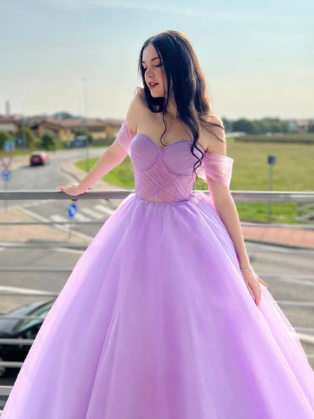 Shiny Off Shoulder Purple Tulle Long Prom Dresses, Off the Shoulder Lilac Formal Dresses, Purple Evening Dresses SP2552