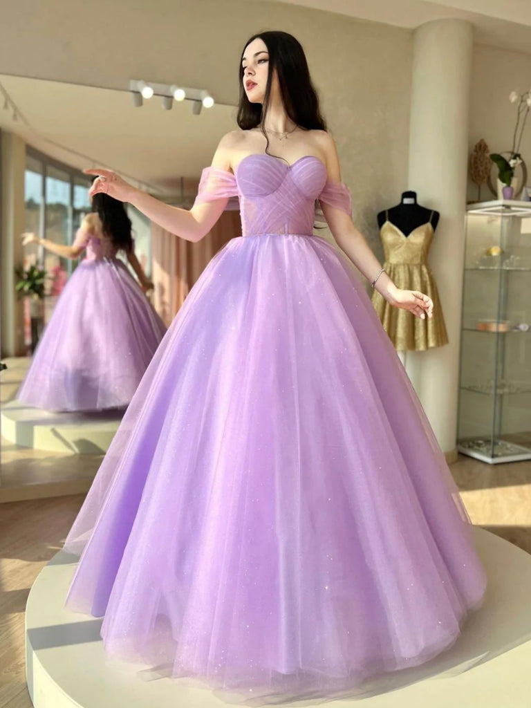 Shiny Off Shoulder Purple Tulle Long Prom Dresses, Off the Shoulder Li Shiny Party Shiny Off Shoulder Purple Tulle Long Prom Dresses, Off the Shoulder Li Shiny Party