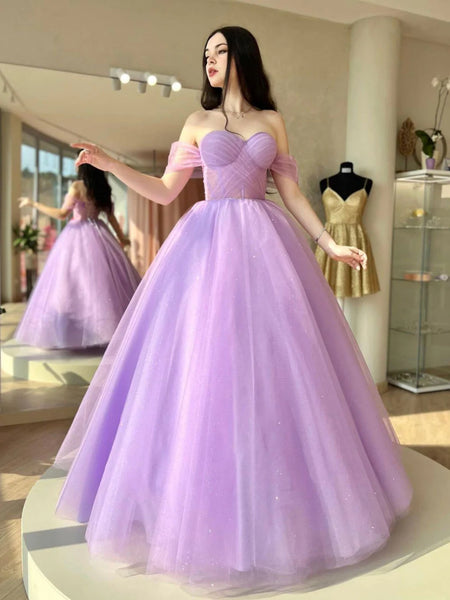 Shiny Off Shoulder Purple Tulle Long Prom Dresses, Off the Shoulder Lilac Formal Dresses, Purple Evening Dresses SP2552