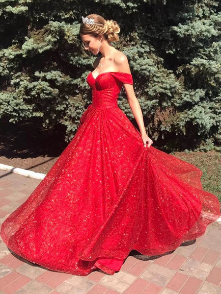 Shiny Off Shoulder Red Long Prom Dresses, Off the Shoulder Red Formal Dresses, Sparkly Red Evening Dresses