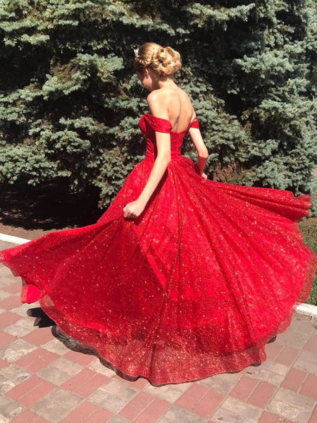 Shiny Off Shoulder Red Long Prom Dresses, Off the Shoulder Red Formal Dresses, Sparkly Red Evening Dresses