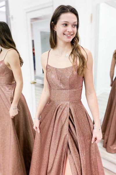 Shiny Open Back Brown Long Prom Dresses with Slit, Sparkly Brown Formal Evening Dresses
