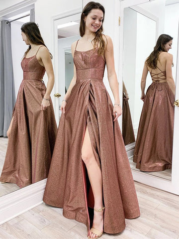 Shiny Open Back Brown Long Prom Dresses with Slit, Sparkly Brown Formal Evening Dresses