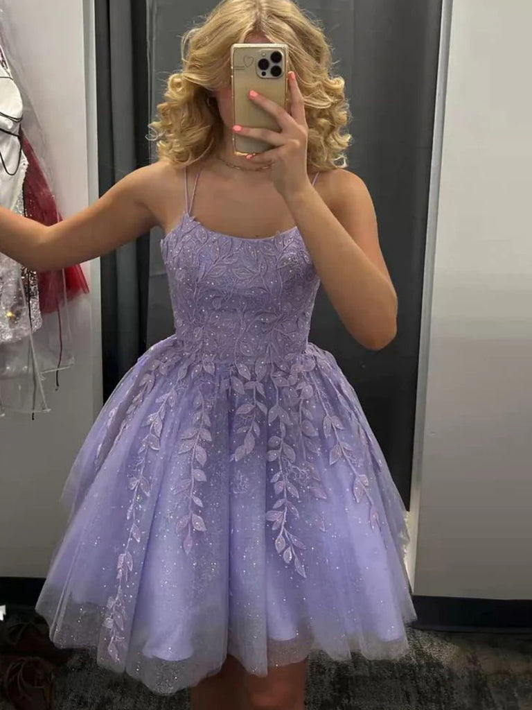 purple open back short detailed homecoming dress Lilac Lace Beaded A-line Spaghetti Straps Short Homecoming Dresses, MH529