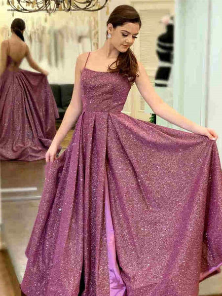 Shiny Open Back Purple Long Prom Dresses with Slit, Thin Strap Purple Long Formal Evening Dresses