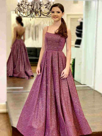 Shiny Open Back Purple Long Prom Dresses with Slit, Thin Strap Purple Long Formal Evening Dresses