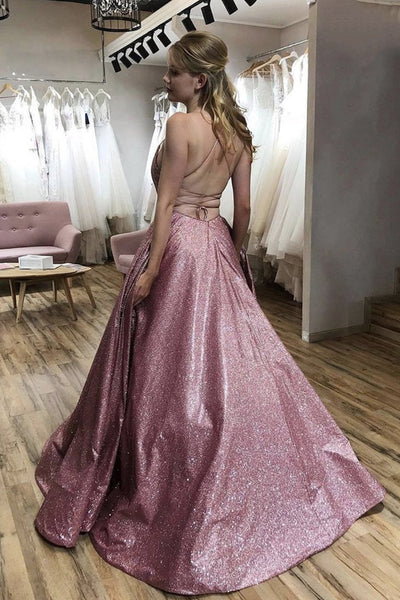 Shiny Open Back Thin Strap Pink Long Prom Dresses, Backless Pink Formal Evening Dresses