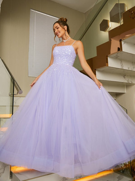 Shiny Open Back Tulle Beaded Lilac Long Prom Dresses, Purple Formal Graduation Evening Dresses SP2513