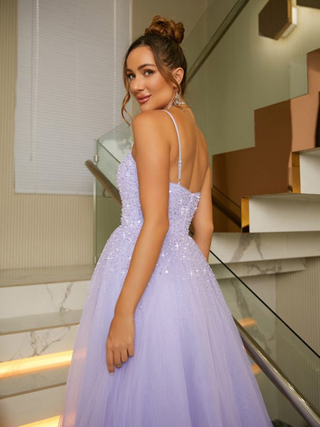 Shiny Open Back Tulle Beaded Lilac Long Prom Dresses, Purple Formal Graduation Evening Dresses SP2513